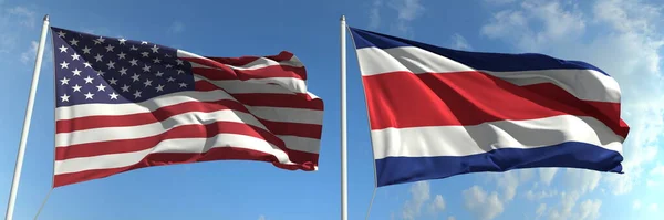 ABD ve Kosta Rika 'nın gökyüzü arka planında dalgalanan bayraklar, 3D — Stok fotoğraf