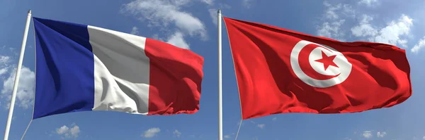 空を背景にフランスとチュニジアの空を飛ぶ旗、 3Dレンダリング — ストック写真