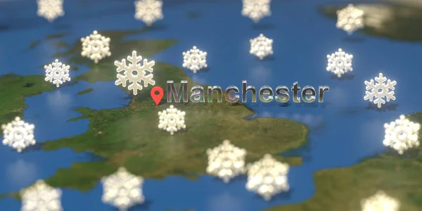 지도에는 맨체스터 시 근처의 눈덮인 날씨 아이콘, 3 차원 렌더링과 관련 된 일기 예보 — 스톡 사진
