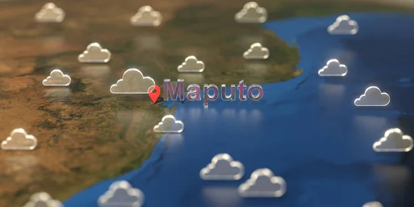 Maputo città e icona del tempo nuvoloso sulla mappa, previsioni del tempo relative al rendering 3D — Foto Stock