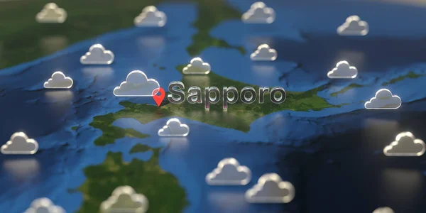 Bewolkt weer pictogrammen in de buurt van Sapporo stad op de kaart, weersvoorspelling gerelateerde 3D-weergave — Stockfoto