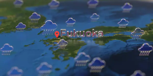 Hujan ikon cuaca dekat kota Fukuoka pada peta, prakiraan cuaca terkait rendering 3D — Stok Foto