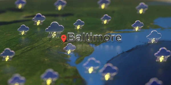 Baltimore city and stormy weather icon на карті, прогноз погоди пов'язаний з 3D рендерингом — стокове фото