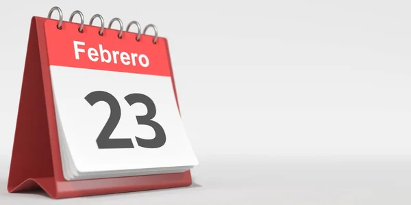 23 Februari yang ditulis dalam bahasa Spanyol pada kalender flip, 3d rendering — Stok Foto