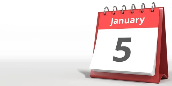 5 de enero fecha en la página del calendario de volteo, 3d renderizado —  Fotos de Stock