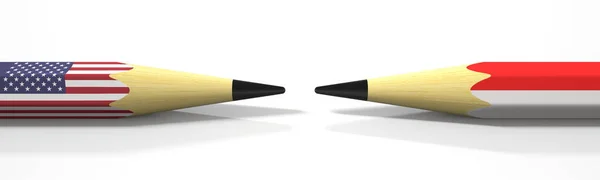 米国とインドネシアの旗を持つ2枚の鉛筆、政治紛争関連の3Dレンダリング — ストック写真