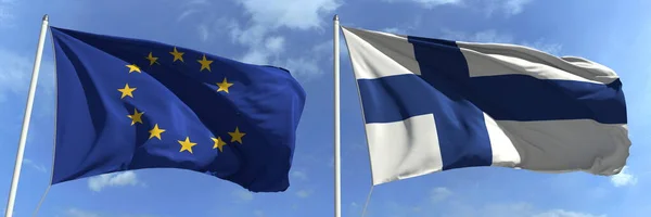 Bayrak direkleri üzerinde Avrupa Birliği ve Finlandiya 'nın bayraklarını sallayarak, 3D görüntüleme — Stok fotoğraf