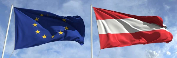 Flying flags of the European Union and Austria on high flagpoles (en inglés). renderizado 3d — Foto de Stock