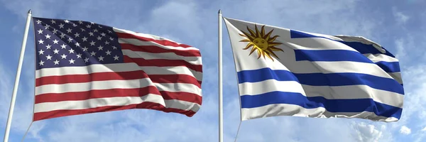 Хвильові прапори США та Уругваю на флагштоках, 3d рендеринг — стокове фото