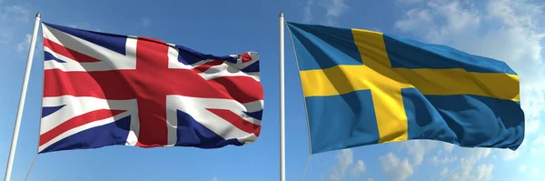 Latające bandery Zjednoczonego Królestwa i Szwecji na tle nieba, 3d renderowania — Zdjęcie stockowe
