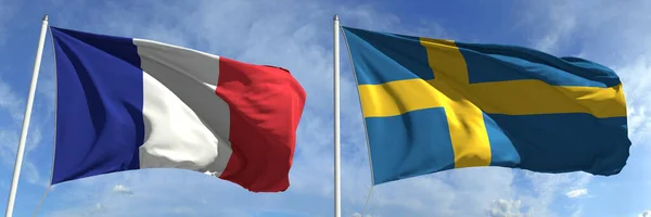 Machające flagi Francji i Szwecji na masztach flagowych, renderowanie 3d — Zdjęcie stockowe