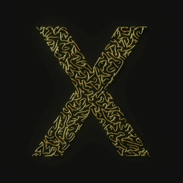 Nagy felbontású betű X szimbólum formázott arany vonalakból. 3D-s renderelés — Stock Fotó