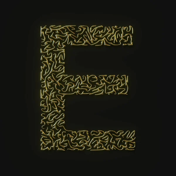 Буква Е с высоким разрешением сделана из формованных золотых линий. 3d-рендеринг — стоковое фото