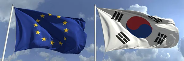 Bandeiras nacionais da União Europeia e Coreia do Sul, renderização 3d — Fotografia de Stock
