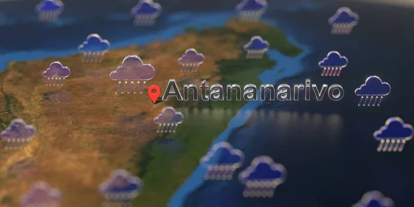 Antananarivo city and rainy weather icon on the map, weather forecast related 3D rendering — Stock Photo, Image