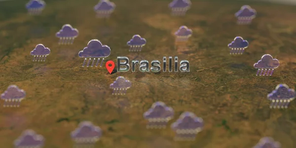 지도상 브라질리아 시 근처에 있는 강우가 내리는 날씨 아이콘, 3 차원 렌더링과 관련 된 일기 예보 — 스톡 사진