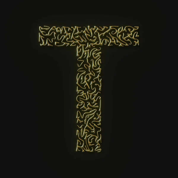 Nagy felbontású T betűs szimbólum formázott arany vonalakból. 3D-s renderelés — Stock Fotó