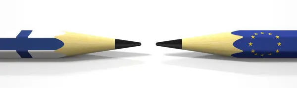 ดินสอที่มีธงของฟินแลนด์และสหภาพยุโรป แนวคิดความขัดแย้งทางการเมือง การแสดงผล 3D — ภาพถ่ายสต็อก