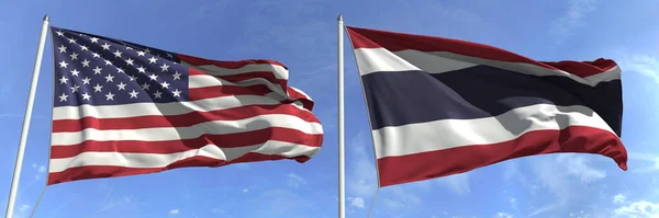 Vliegende vlaggen van de VS en Thailand op lucht achtergrond, 3d rendering — Stockfoto