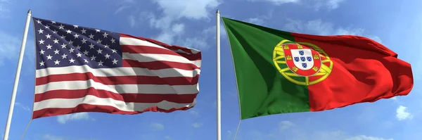 Bandeiras voadoras dos EUA e Portugal no fundo do céu, renderização 3d — Fotografia de Stock