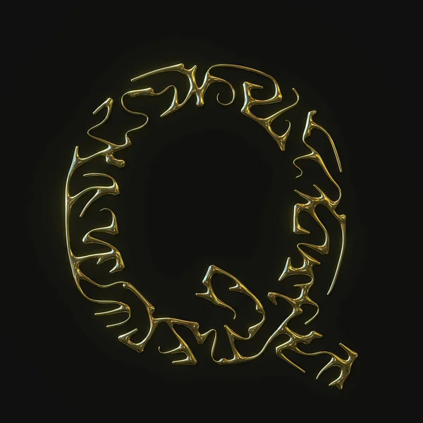 Символ літери Q високої роздільної здатності, зроблений з литих золотих ліній. 3D візуалізація — стокове фото