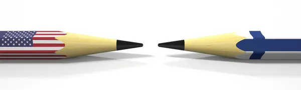 Dois lápis com bandeiras dos EUA e da Finlândia, conflito político relacionado 3D renderização — Fotografia de Stock
