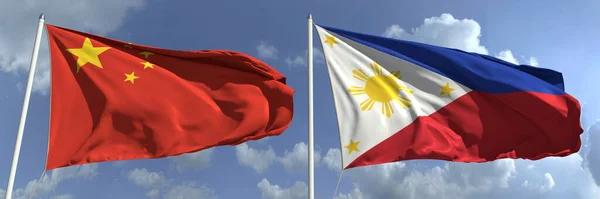 Flying flags of China and Philippines on high flagpoles. renderizado 3d —  Fotos de Stock