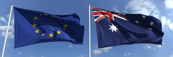 Flaggen der Europäischen Union und Australiens an Fahnenmasten. 3D-Darstellung — Stockfoto