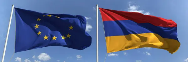 Літаючі прапори Європейського Союзу та Вірменії на небі, 3d рендеринг — стокове фото