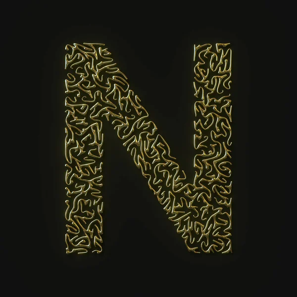 Yüksek çözünürlüklü N harfi, şekil verilmiş altın çizgilerden yapılmış. 3d oluşturma — Stok fotoğraf