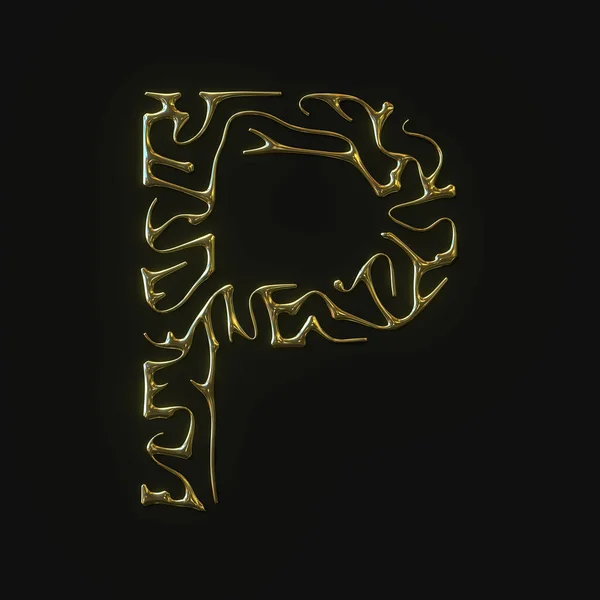 Yüksek çözünürlüklü P harfi, şekil verilmiş altın çizgilerden yapılmış. 3d oluşturma — Stok fotoğraf