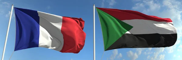 Vlajky Francie a Súdánu na vlajkách. 3D vykreslování — Stock fotografie