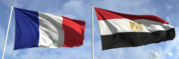 Mávání vlajek Francie a Egypta na vlajkových stožárech, 3d vykreslování — Stock fotografie