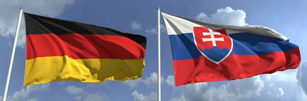 Flying flags of Germany and Slovakia on high flagpoles. 3d rendering — Stock Photo, Image