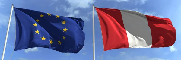 Flaggen der Europäischen Union und Perus auf hohen Fahnenmasten. 3D-Darstellung — Stockfoto