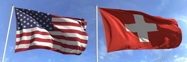 Flaggen der USA und der Schweiz an Fahnenmasten. 3D-Darstellung — Stockfoto