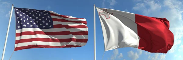 ABD ve Malta 'nın gökyüzü arka planında dalgalanan bayraklar, 3D görüntüleme — Stok fotoğraf