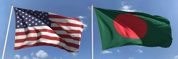 Прапори США і Бангладеш на флагштоках. 3d рендеринг — стокове фото