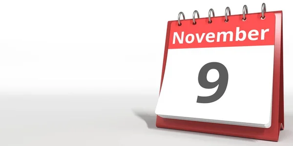 9 de noviembre fecha en la página del calendario de volteo, 3d renderizado — Foto de Stock