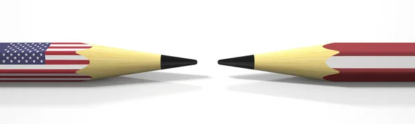 Dois lápis com bandeiras dos EUA e Letônia, conflito político relacionado 3D renderização — Fotografia de Stock