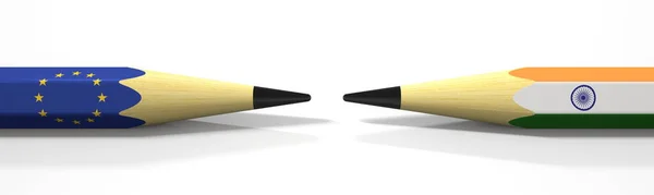 Sprzeciwiające się ołówki z flagami UE i Indii. Konflikt koncepcyjny, renderowanie 3D — Zdjęcie stockowe