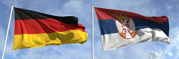 Розмахуючи прапорами Німеччини та Сербії на флагштоках, 3d рендеринг — стокове фото