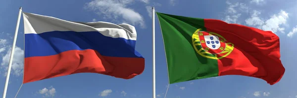 Розмахуючи прапорами Росії та Португалії на флагштоках, 3d рендеринг — стокове фото