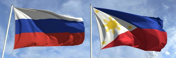 Vlající vlajky Ruska a Filipín na pozadí oblohy, 3D vykreslování — Stock fotografie
