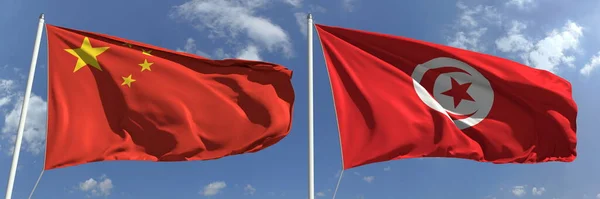 旗竿に中国とチュニジアの旗。3Dレンダリング — ストック写真