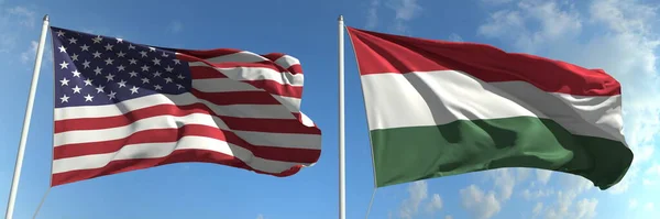 Flags of the USA and Hungary on flagpoles. 3d rendering — Stock Photo, Image