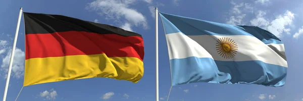 Flying flags of Germany and Argentina on high flagpoles. 3d rendering — Stock Photo, Image