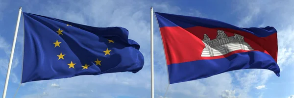 Flagi narodowe Unii Europejskiej i Kambodży, 3d renderowania — Zdjęcie stockowe