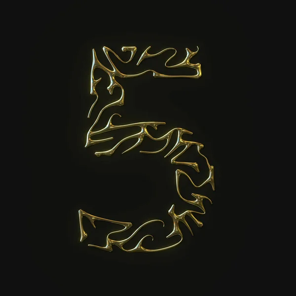 High resolution number five 5 symbol made of molded golden lines. 3d rendering — Stock Photo, Image