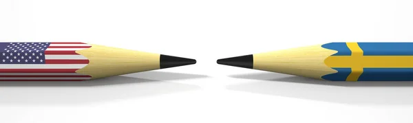 Två pennor med flaggor från USA och Sverige, politisk konflikt i samband med 3d rendering — Stockfoto